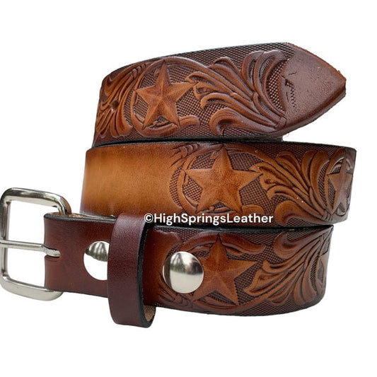 Kid Name Belt - Star Embossed Brown Leather Belt Custom Engraved for Boys and Girls