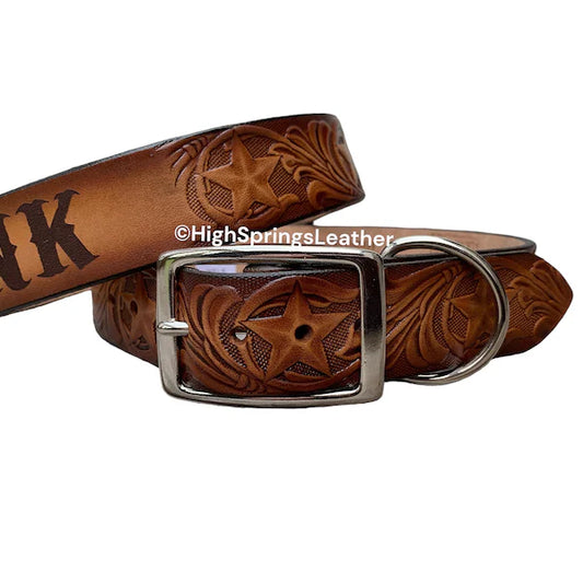 Leather Dog Collar - Star embossed design with name engraved