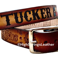 Leather Dog Collar - Texas Flags hand painted in brown leather with name engraved