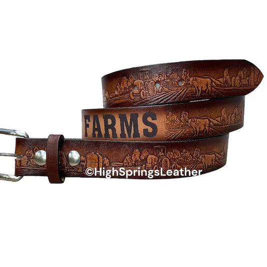 Name Belt - Farming Embossed Brown Leather Belt Custom Engraved for Men and Women