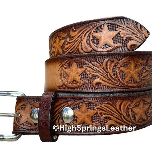 Name Belt - Star Embossed Brown Leather Belt Custom Engraved for Men and Women