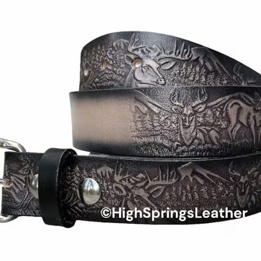 Name Belt - Deer Embossed Gray and Black Leather Belt Custom Engraved for Men and Women