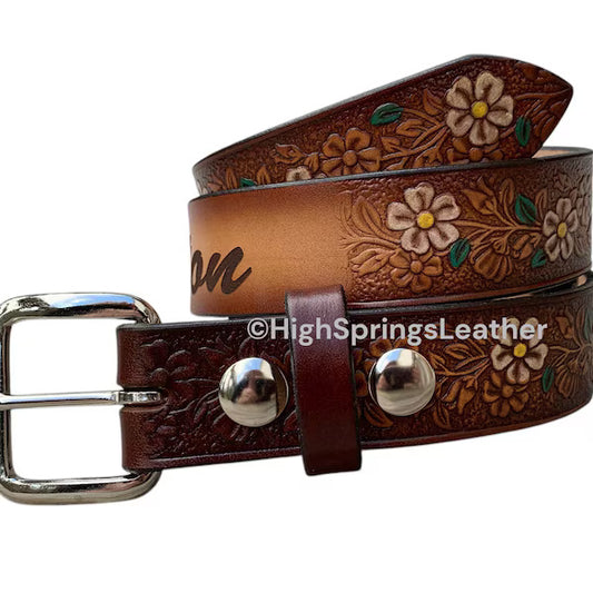Kid Name Belt - Tropical Flower Brown Leather Belt Custom Engraved for boys and girls
