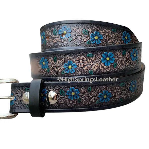 Name Belt - Blue Tropical Flower Hand Painted Leather Belt on gray and black leather Custom Engraved for Men and Women