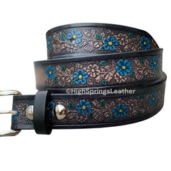 Name Belt - Blue Tropical Flower Hand Painted Leather Belt on gray and black leather Custom Engraved for Men and Women
