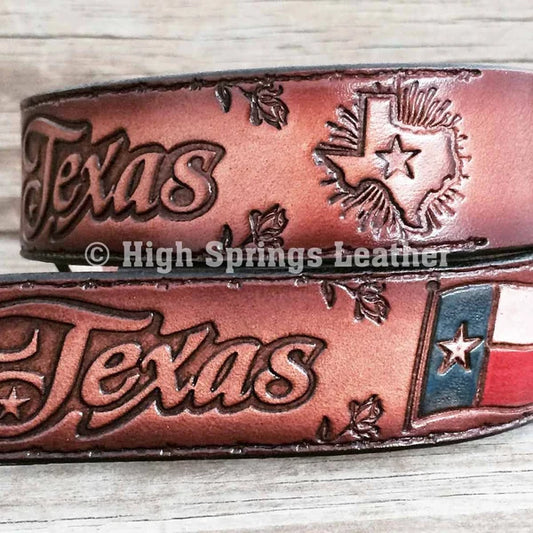 Kid Name Belt - Texas Flag Hand Painted Brown Leather Belt Custom Engraved for Boys and Girls