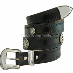 Leather Belt - Silver Star conchos and 3 piece buckle set on Black or Brown Leather Belt for Men and Women