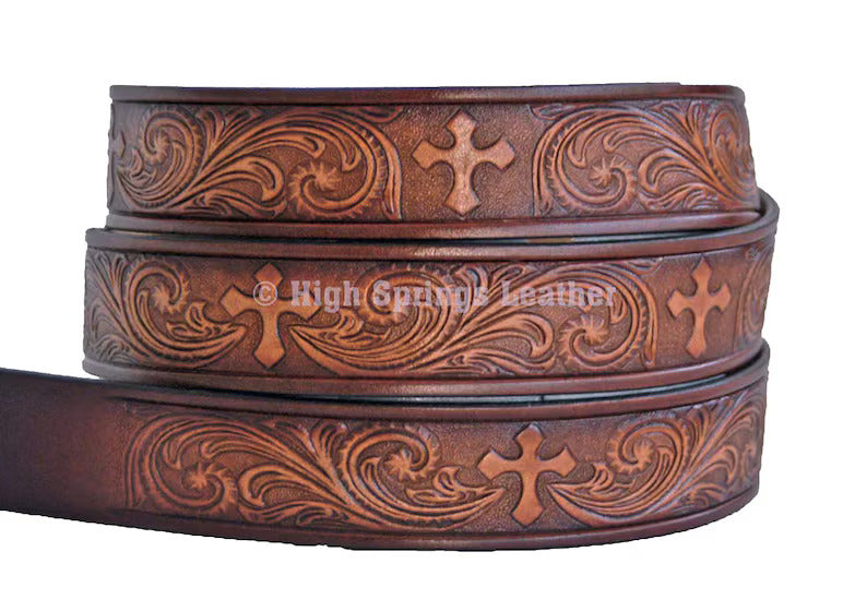 Leather Belt - Western Cross Embossed brown grey and black or black leather belt Available for Men and Women