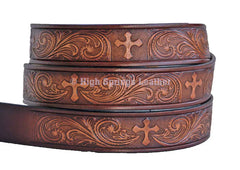 Leather Belt - Western Cross Embossed brown grey and black or black leather belt Available for Men and Women