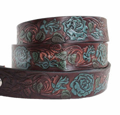 Name Belt - Hand Painted Roses with Rose Buckle Custom Engraved for Men and Women