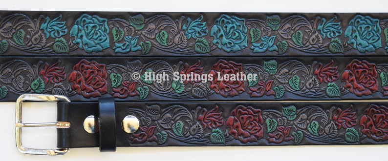 Leather Belt - Hand Painted Roses on Black Leather Belt Made in USA Available for Men and Women