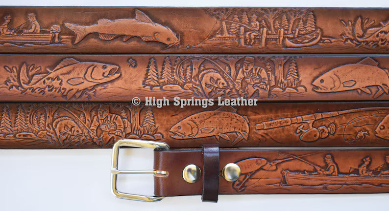 Leather Belt - Fishing Embossed Bass Line Fishing Embossed Leather Belt for Men and Women