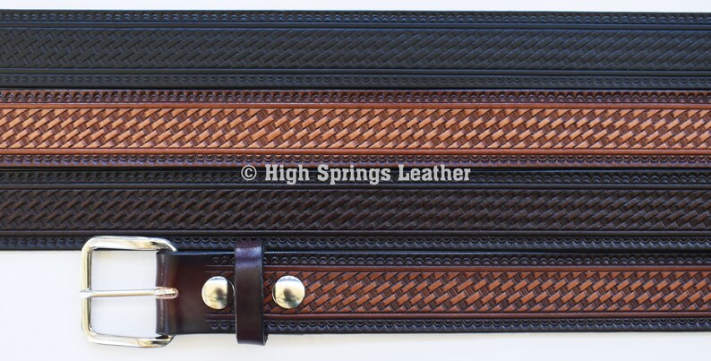 Leather Belt - Basket Weave Embossed Made in USA Belts Designed for Men and Women Available in Brown, Black or Wine Dyed Leather
