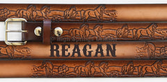 Kid Name Belt - Horse Embossed Brown Leather Belt Custom Engraved for boys and girls