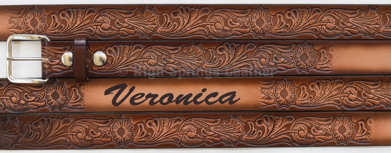 Name Belt - Western Floral CF Brown Leather Belt Custom Engraved for Men and Women