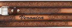 Name Belt - Western Floral CF Brown Leather Belt Custom Engraved for Men and Women