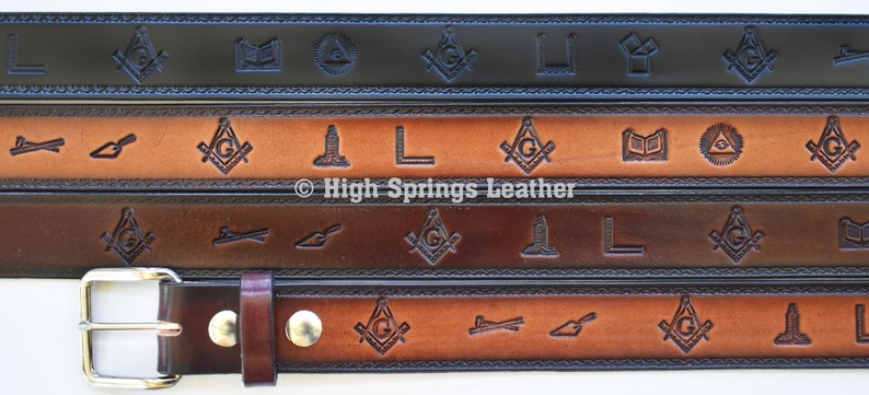 Leather Belt - Mason Embossed Symbols Leather Black or Brown Belt For Men