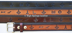 Leather Belt - Mason Embossed Symbols Leather Black or Brown Belt For Men