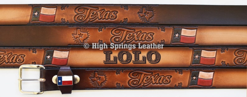 Name Belt - Texas Flag Brown Leather Belt includes Flag Deco loop Custom Engraved for Men and Women