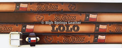 Name Belt - Texas Flag Brown Leather Belt includes Flag Deco loop Custom Engraved for Men and Women