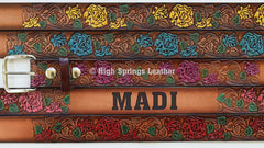 Name Belt - Hand Painted Roses with Rose Buckle Custom Engraved for Men and Women