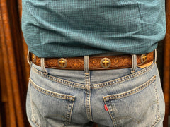 Leather Belt - Cross Concho Belt with 3 piece buckle set in Brown or Black Leather Custom Made for Men and Women