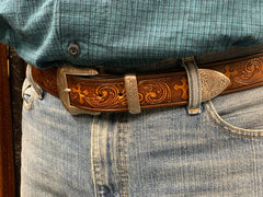 Leather Belt - Cross Concho Belt with 3 piece buckle set in Brown or Black Leather Custom Made for Men and Women