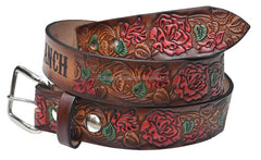 Name Belt - Hand Painted Roses with Rose Buckle Custom Engraved for Men and Women