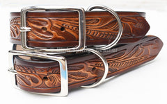 Leather Dog Collar - Western tooled design with name engraved