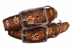 Leather Dog Collar - Tropical Flower hand painted design with name engraved