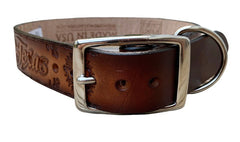 Leather Dog Collar - Texas Flags hand painted in brown leather with name engraved