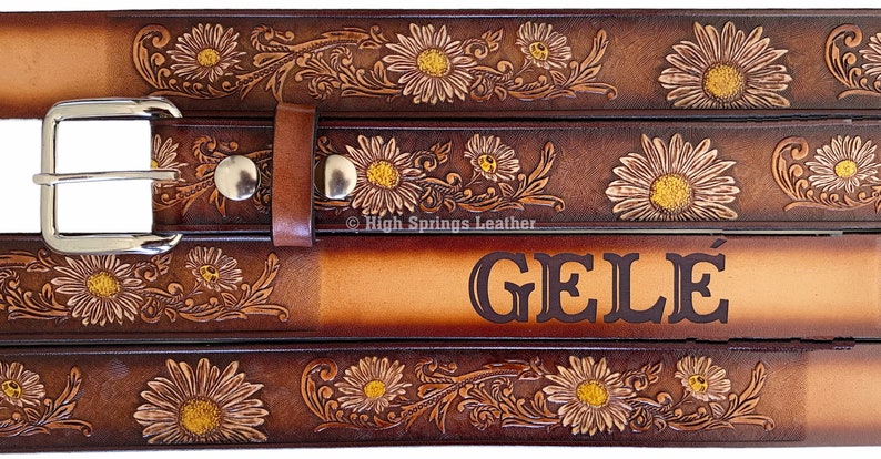 Name Belt - Hand Painted Daisy Leather Belt custom engraved for men and women