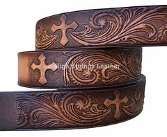 Leather Dog Collar - Western Cross tooled design with name engraved