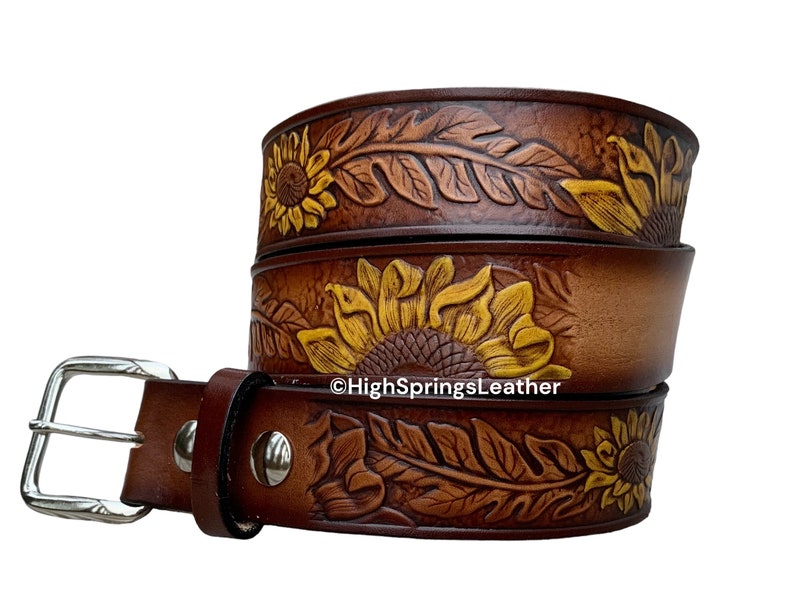 Name Belt - Sunflower Hand Painted brown leather custom Engraved for Men and Women