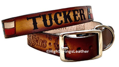Leather Dog Collar - Texas Flags hand painted in brown leather with name engraved