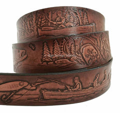 Leather Belt - Fishing Embossed Bass Line Fishing Embossed Leather Belt for Men and Women