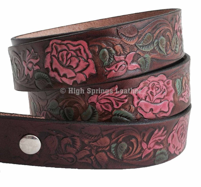 Name Belt - Hand Painted Roses with Rose Buckle Custom Engraved for Men and Women